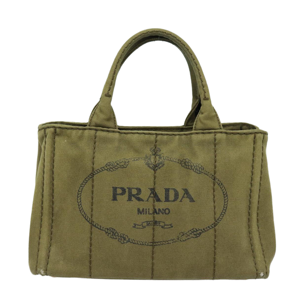 PRADA Canapa PM Hand Bag Canvas 2way Khaki Gold Auth 84641 - Picture 13 of 16